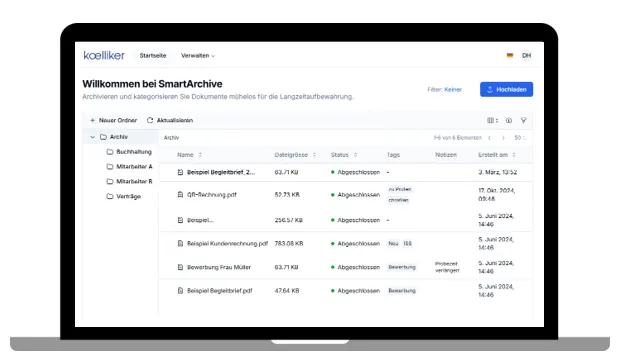 Bildschirmansicht SmartArchive: Startseite mit Ordnerstruktur und Dokumentliste
