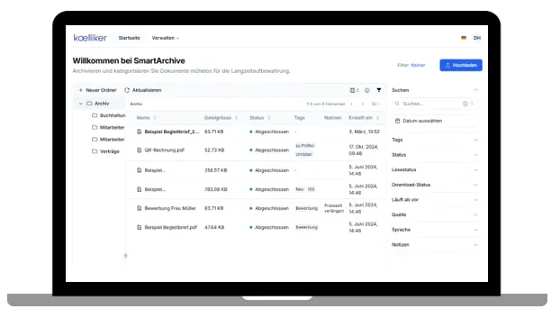 Bildschirmansicht SmartArchive: Suchergebnisse mit Filtern nach Tags, Status und Datum